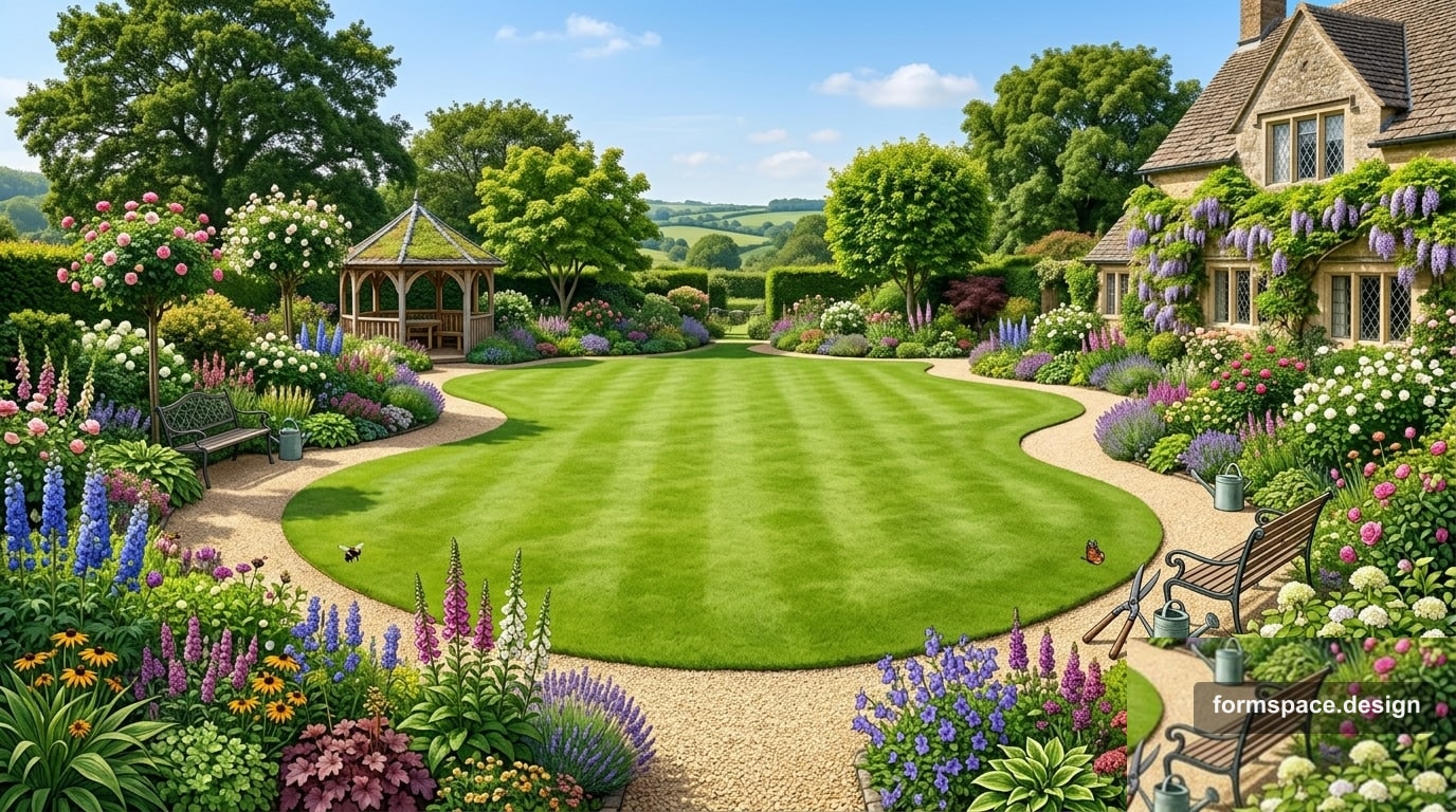 English garden on 10 sotok: soft lines and zone scheme