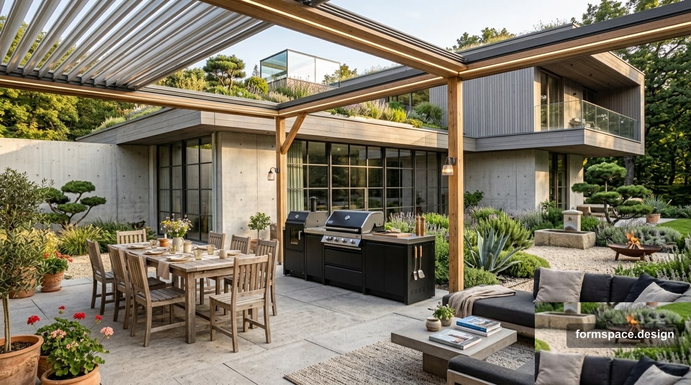 Yard with a covered terrace: all-season recreation zones