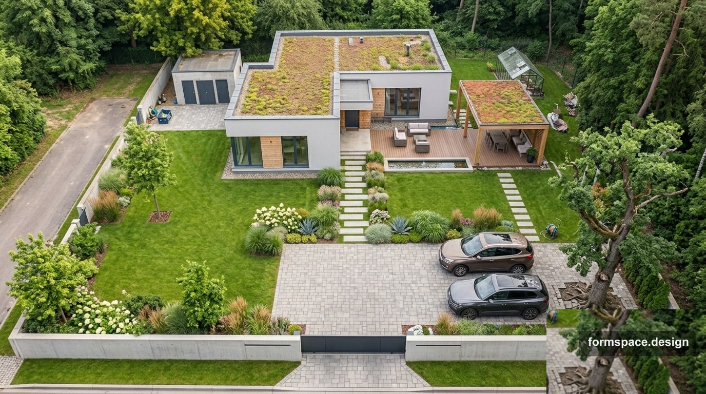 Yard with parking for 2 cars: entrance, turnaround, zone scheme