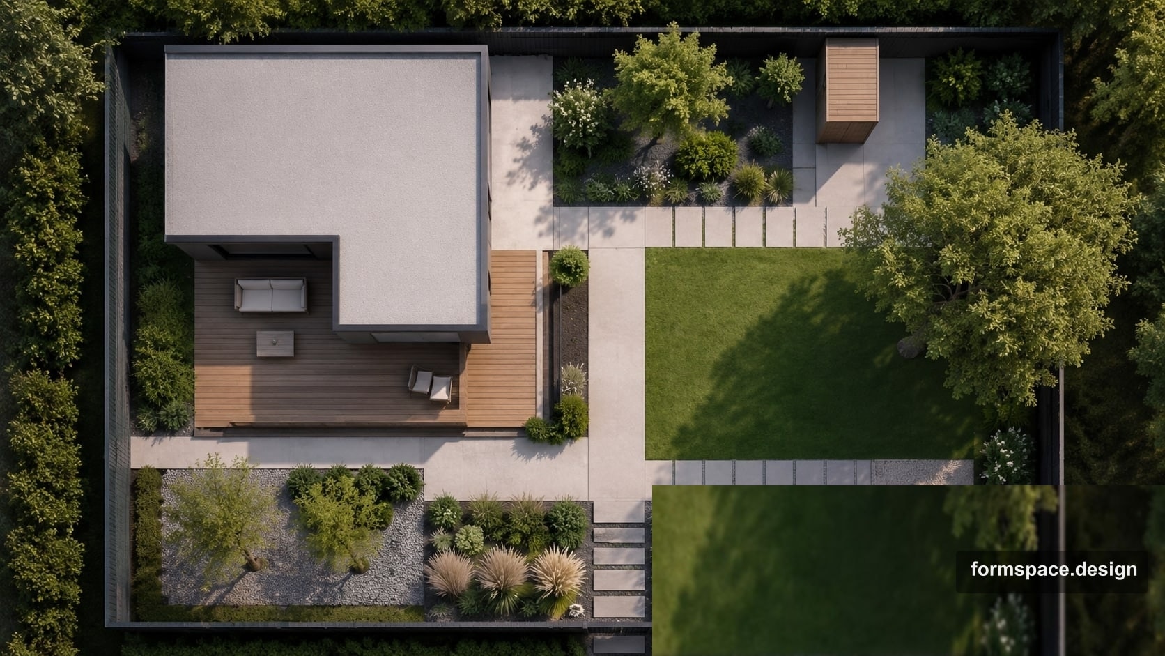 6-sotok plot layout in minimalism: zone plan and materials