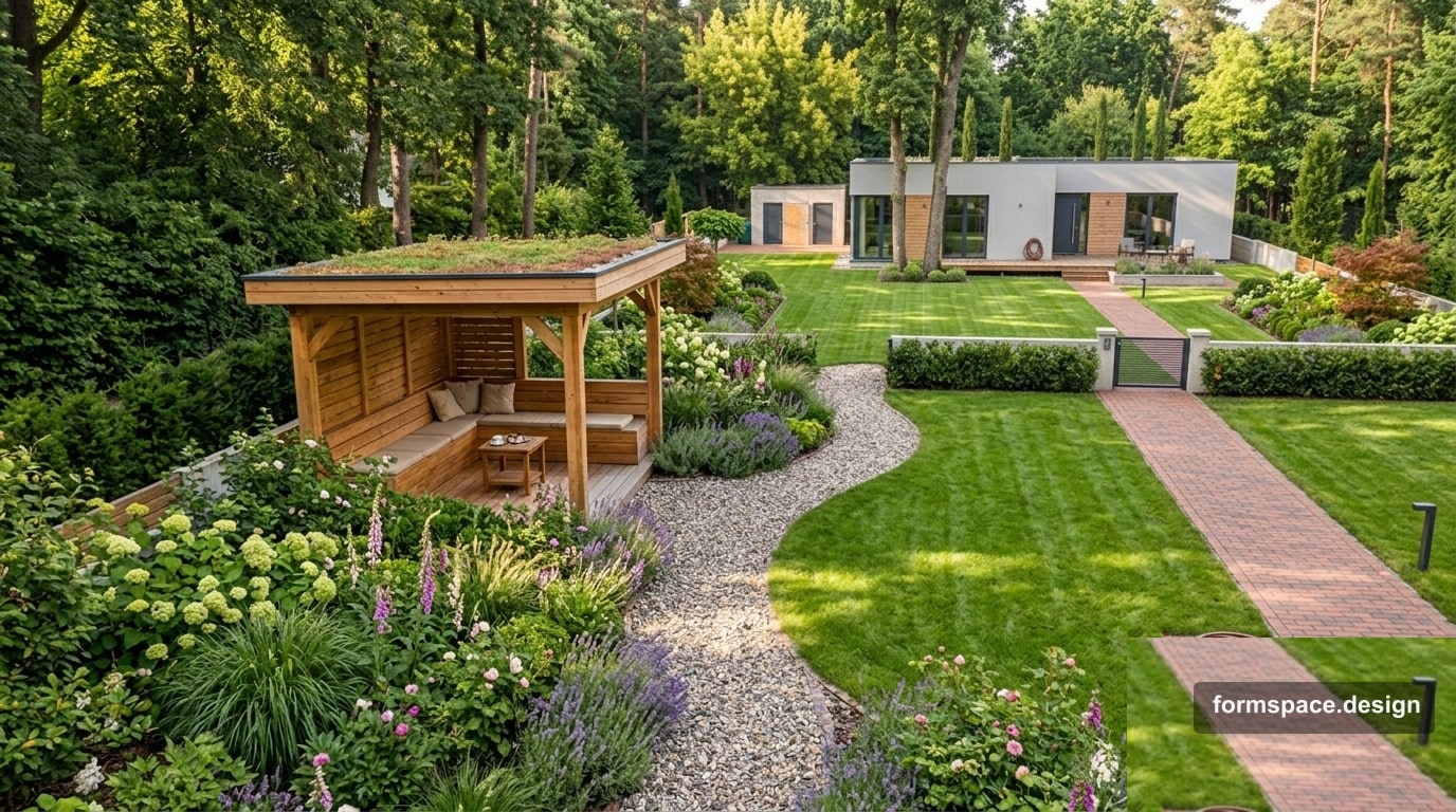 Plot with orchard and gazebo: zones without competing paths