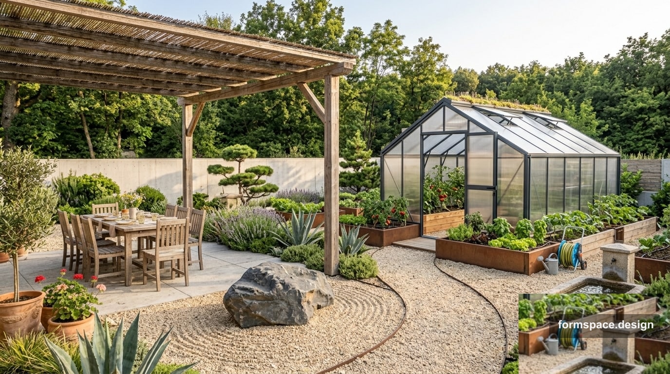 Plot with a greenhouse: placement, links, and zone scheme
